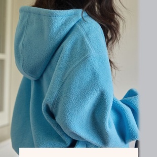 奥特莱斯 撤柜大牌慵懒风拉链连帽宽松毛毛外套女袋鼠兜毛绒卫衣