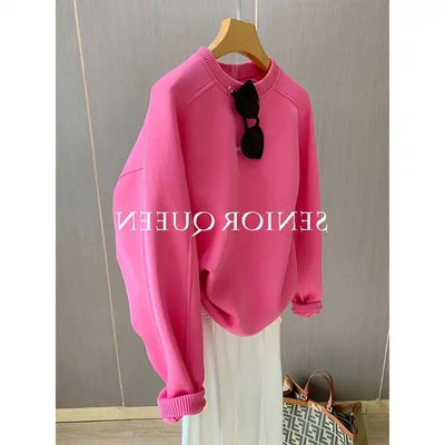 奥特莱斯~特价余单玫红色无帽卫衣女秋设计感小众慵懒风宽松上衣