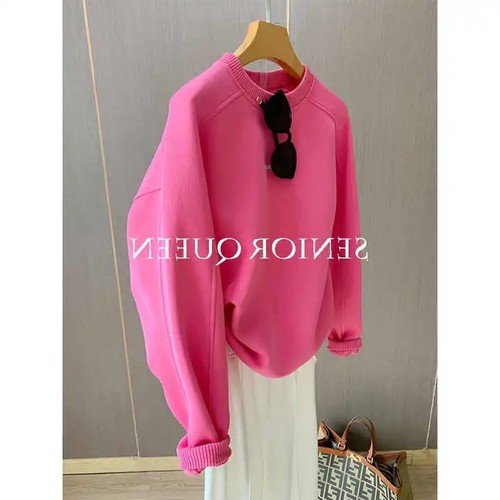 奥特莱斯~特价余单玫红色无帽卫衣女秋设计感小众慵懒风宽松上衣