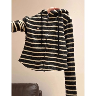 女磨毛卫衣帽衫 连帽针织开衫 外套 条纹长袖 外贸出口余单高级感韩版