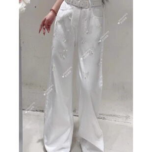 显瘦休闲直筒裤 奥特莱斯 外贸余单重工蝴蝶烫钻钉珠牛仔裤