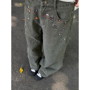 清仓特价 拖地裤 卡通刺绣复古绿色阔腿休闲裤 工装 子 美式 奥特莱斯