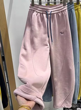 撤柜孤品捡漏清仓刺绣加绒休闲卫裤高腰宽松阔腿抽绳松紧腰弯刀裤
