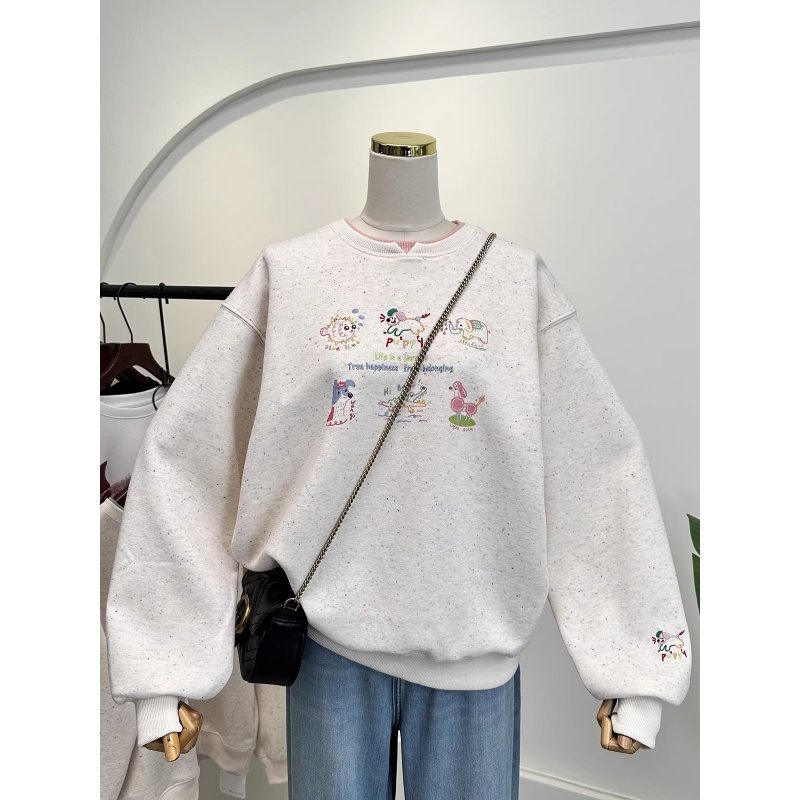 奥特莱斯~品牌余单撞色拼接卡通刺绣假两件加绒加厚卫衣外套女潮