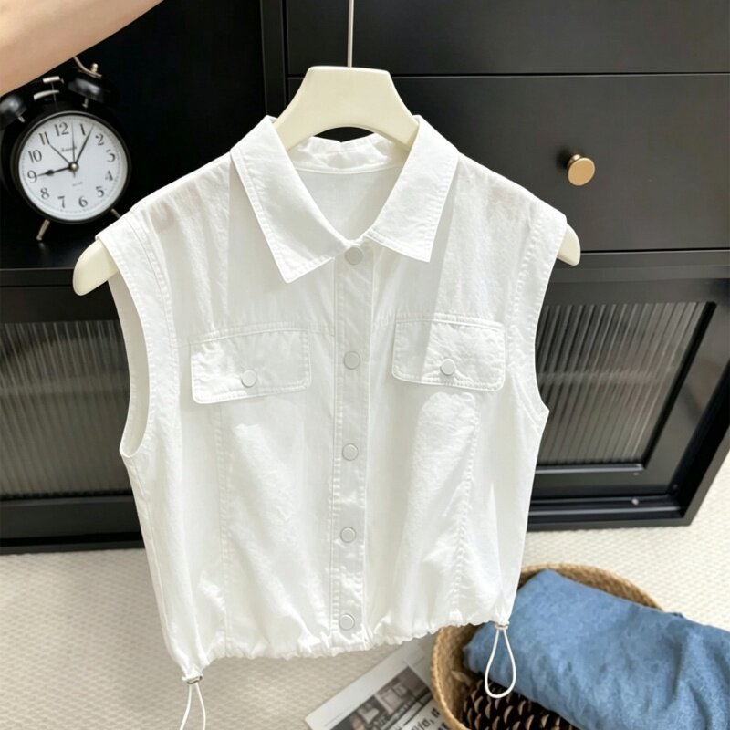 清仓捡漏~撤柜大牌无袖衬衫女夏新款设计感小众抽绳收腰显瘦开衫