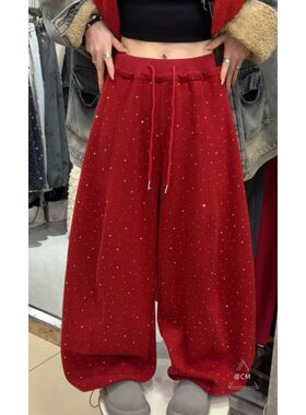 奥特莱斯~撤柜折扣带钻宽松显瘦休闲裤女加绒加厚直筒阔腿弯刀裤