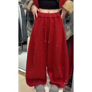 奥特莱斯~撤柜折扣带钻宽松显瘦休闲裤女加绒加厚直筒阔腿弯刀裤