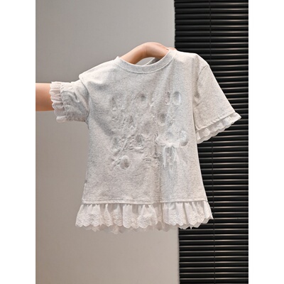 蕾丝拼接假两件短袖t恤修身