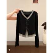 撤柜女装 假两件撞色拼接蝴蝶结长袖 T恤女修身 奥特莱斯 短款 上衣春