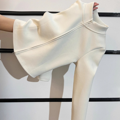 白色半高领拉链T恤女2025新款