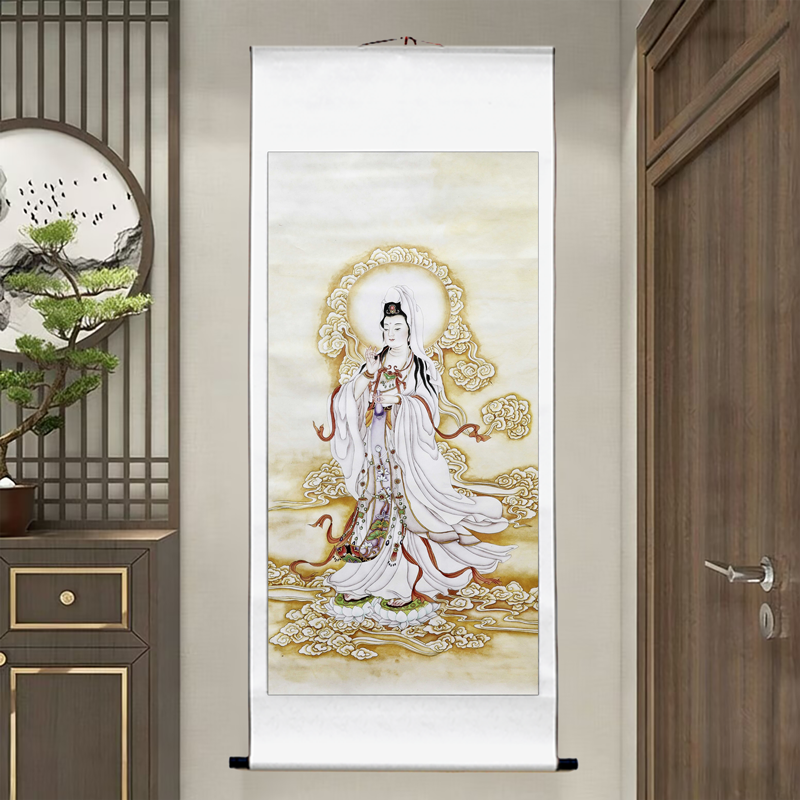 观音菩萨国画实木挂轴