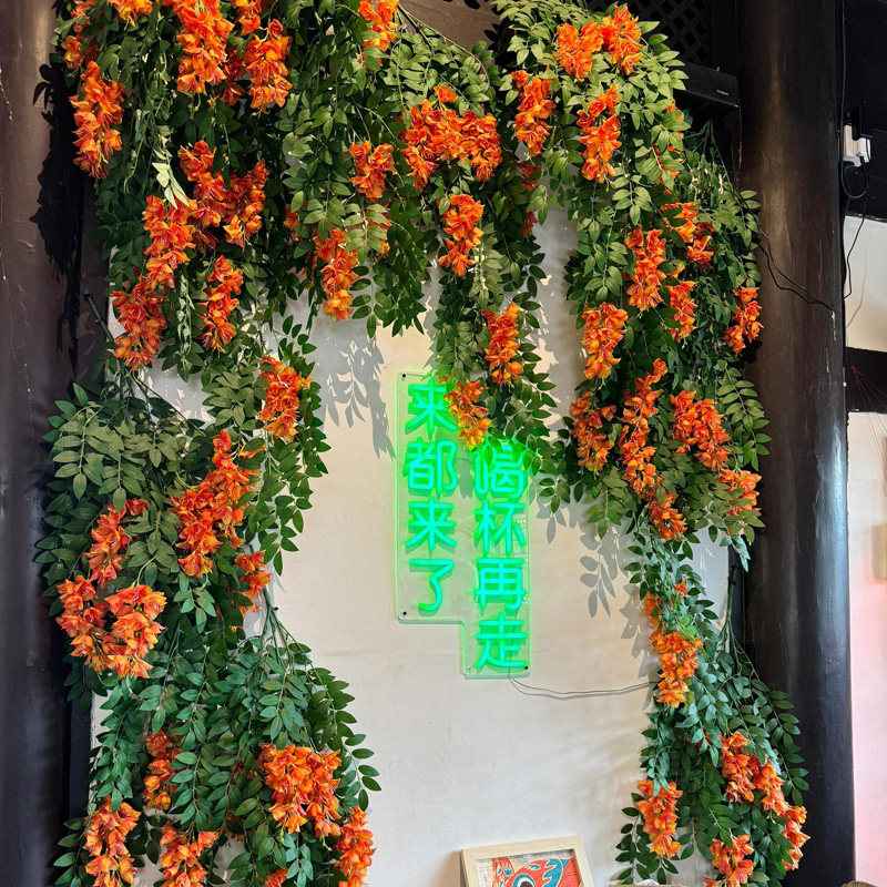 仿真花环门花藤条橙色凌霄花假树叶子空调水管道塑料绿植缠绕遮挡