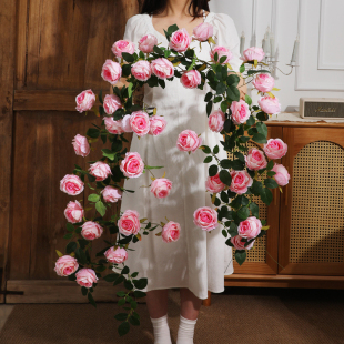 仿真蔷薇花爬藤月季假花藤条管道装饰户外瀑布花墙造景莫奈风格