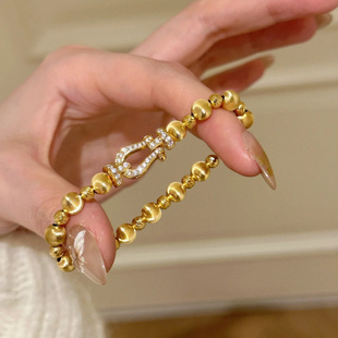 镀925银新品法式复古镶猫眼马蹄扣手链女中古风小众高级感弹力绳