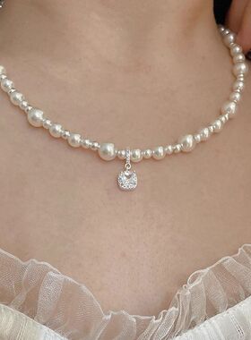 法式轻奢气泡小方糖贝珠项链女in