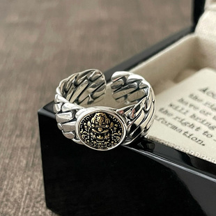 镀925银新款黄财神戒指复古编织宽版时尚休闲百搭开口食指环