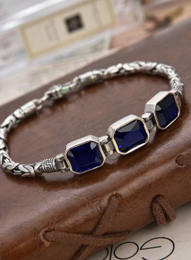 镀925银镀银蓝国潮风平安纹手链宽4mm潮流嘻哈爆款