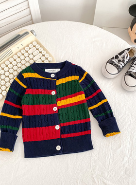 品牌折扣童装日系彩虹条纹儿童宝宝针织开衫男女童纯棉100棉