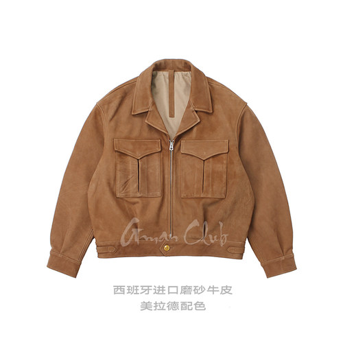 进口牛皮军事风飞行夹克短款