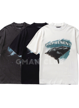 FotiGmanclub REPRESENT SHARK 字母鲨鱼印花宽松短袖TEE恤夏季