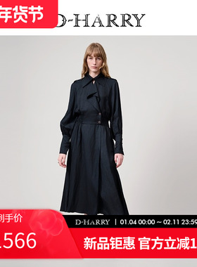 D-HARRY/迪哈利2025春秋新款复古墨绿色收腰连衣裙DH251J90103D