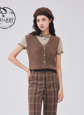 D-HARRY/迪哈利新款复古V领开衫咖色针织马甲DH233C96350D