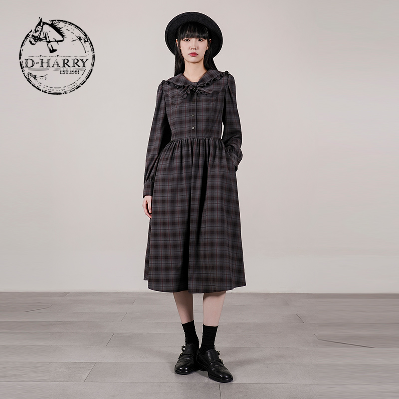 D-HARRY/迪哈利格纹长袖连衣裙
