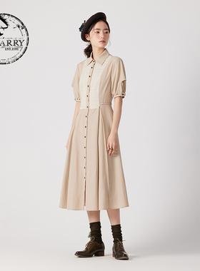 D-HARRY/迪哈利夏新款复古天丝卡其色短袖连衣裙DH242J97131D