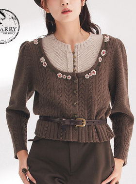 D-HARRY/迪哈利春秋新款羊毛咖色圆领拼接毛织开衫DH241C96926D