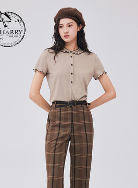 D-HARRY/迪哈利新款复古荷叶撞色边针织T恤DH233B96352D