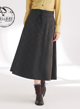 D-HARRY/迪哈利春秋新款卡其黄色细格纹A字半身裙DH241M96976D