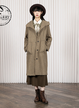 D-HARRY/迪哈利2025冬季新款保暖羊毛黄绿色连帽大衣DH254F62991T