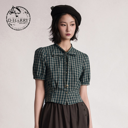 D-HARRY/迪哈利2026夏季新款女纯棉墨绿格纹上衣衬衫DH262D91571B