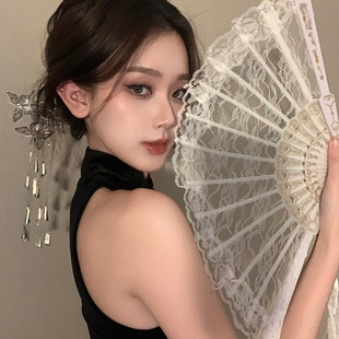 黑色蕾丝扇子折扇女生洛丽塔旗袍中式流苏老上海复古风拍照高颜值