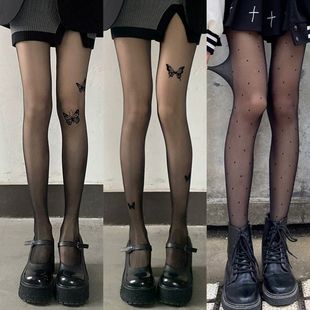 黑色蝴蝶结丝袜女性感黑丝纯欲连裤 袜可爱印花jk洛丽塔波点黑丝袜