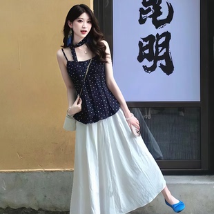 夏女2025新款 套装 小个子波点吊带上衣减龄一整套盐系穿搭配半身裙