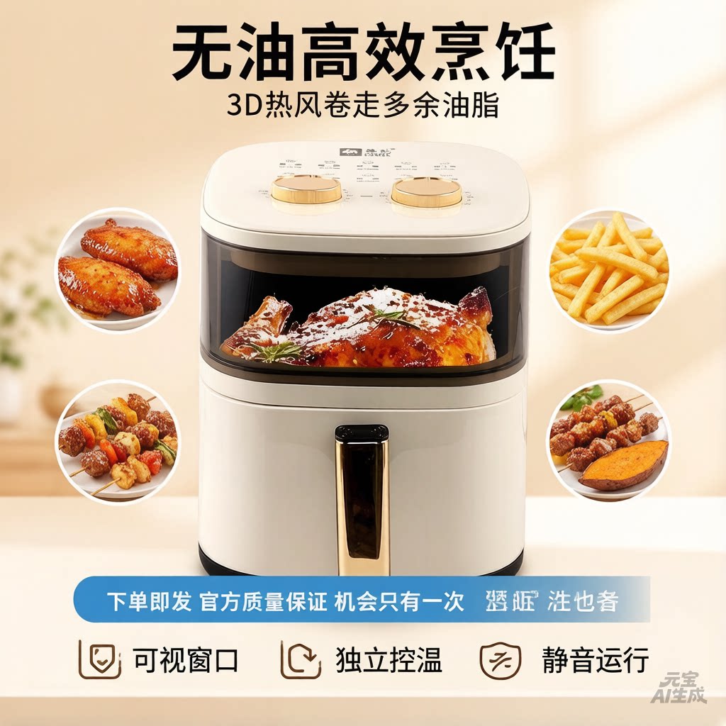 新款空气炸锅6L家用大容量电烤箱米白色烤薯条机礼品可视炸锅包邮