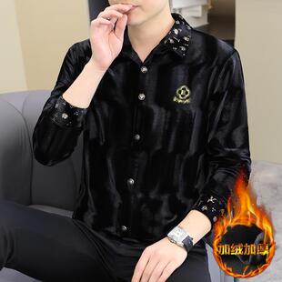 金丝绒翻领男卫衣轻奢潮流加绒加厚打底衫加肥加大码长袖T恤衬衫