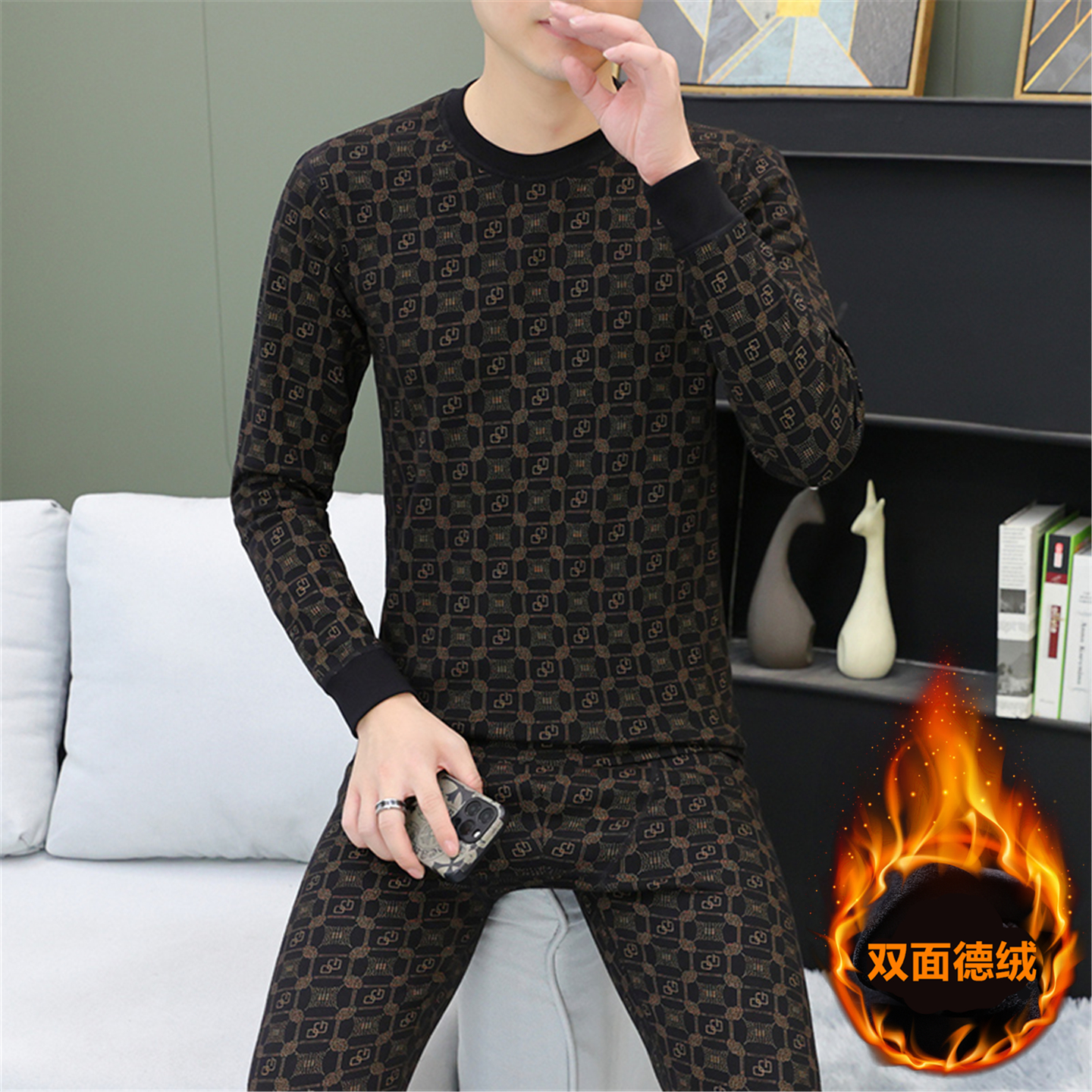 率动官网男士高档纯棉加绒套装