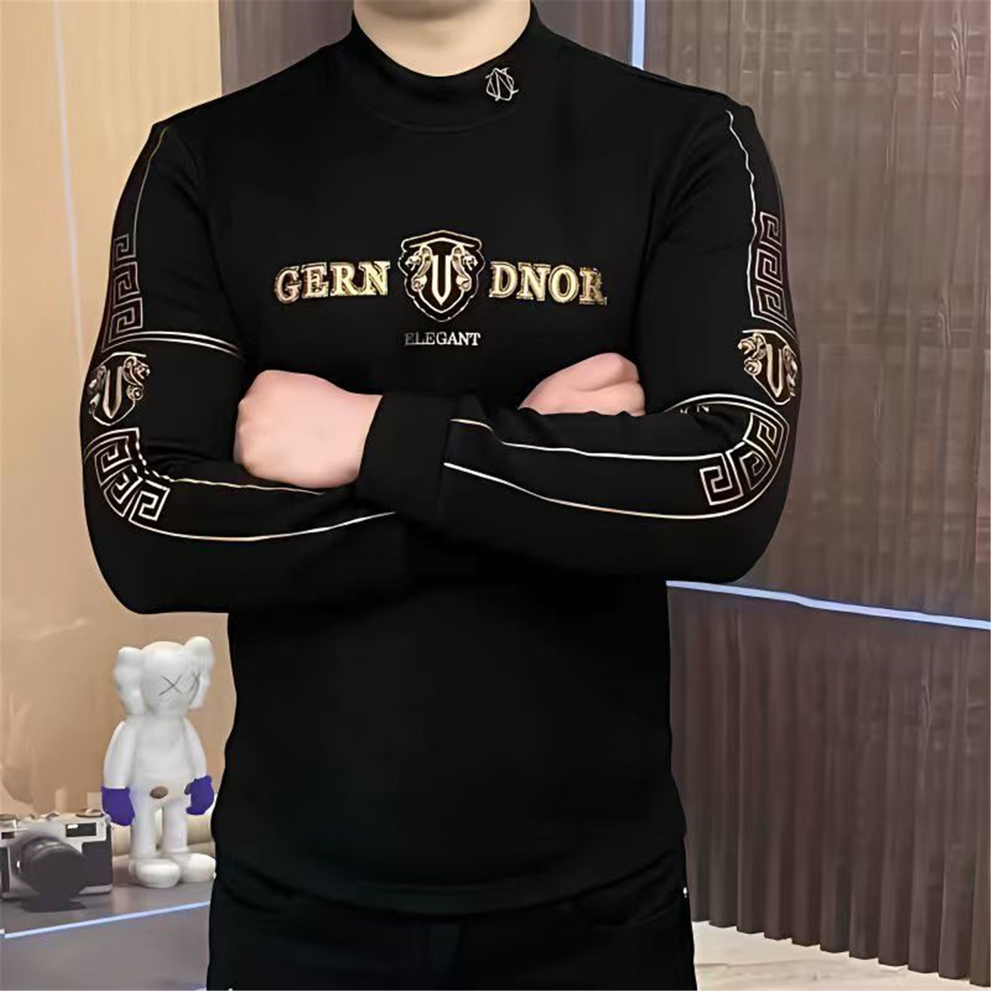 2025秋冬新款男士中领长袖T恤加肥加大码加绒加厚半高领卫衣体恤