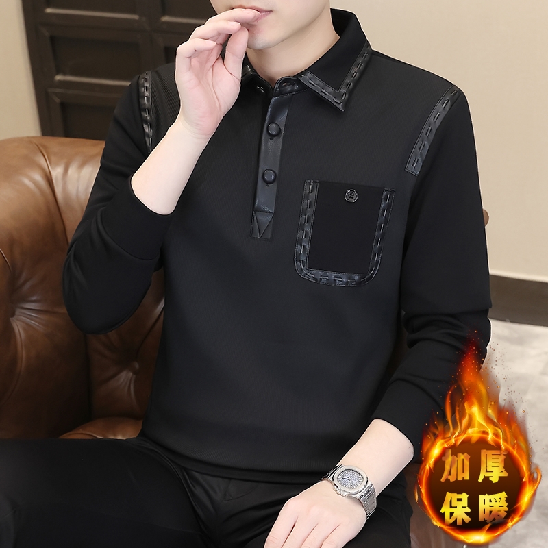 轻奢翻领POLO衫男2025秋冬季新款长袖黑色保暖时尚简约百搭T恤衫