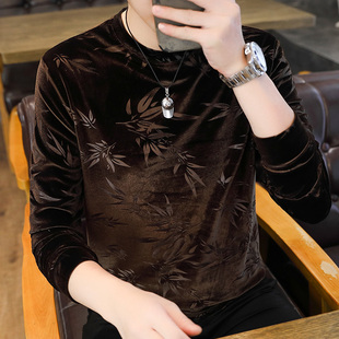 2025秋冬新款男金丝绒长袖T恤加肥加大码加绒加厚卫衣男装打底衫