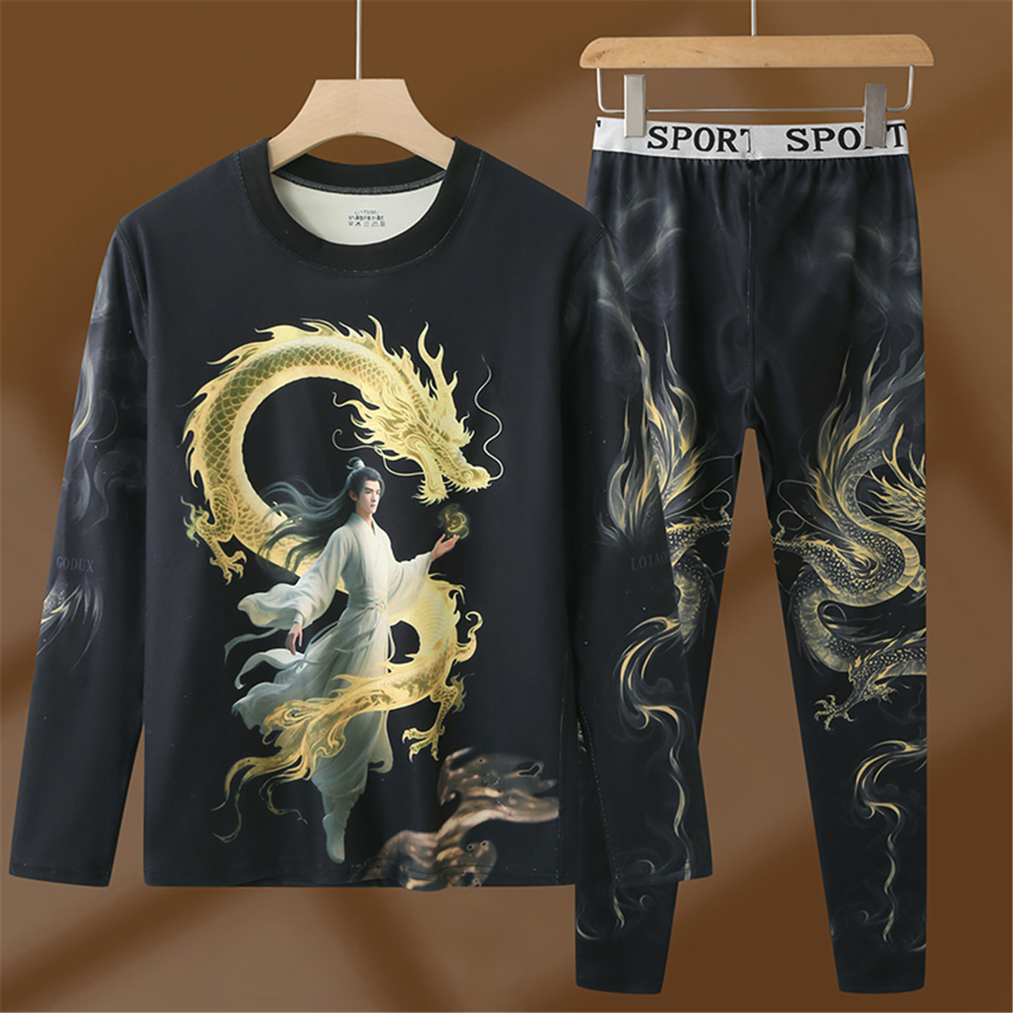 德绒保暖内衣套装男士2025秋冬季新款潮流时尚龙印花秋衣秋裤一套