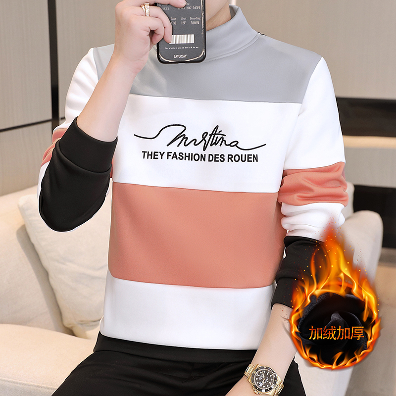 长袖T恤男士2025秋冬季新款加绒加厚半高领卫衣韩版修身打底体恤