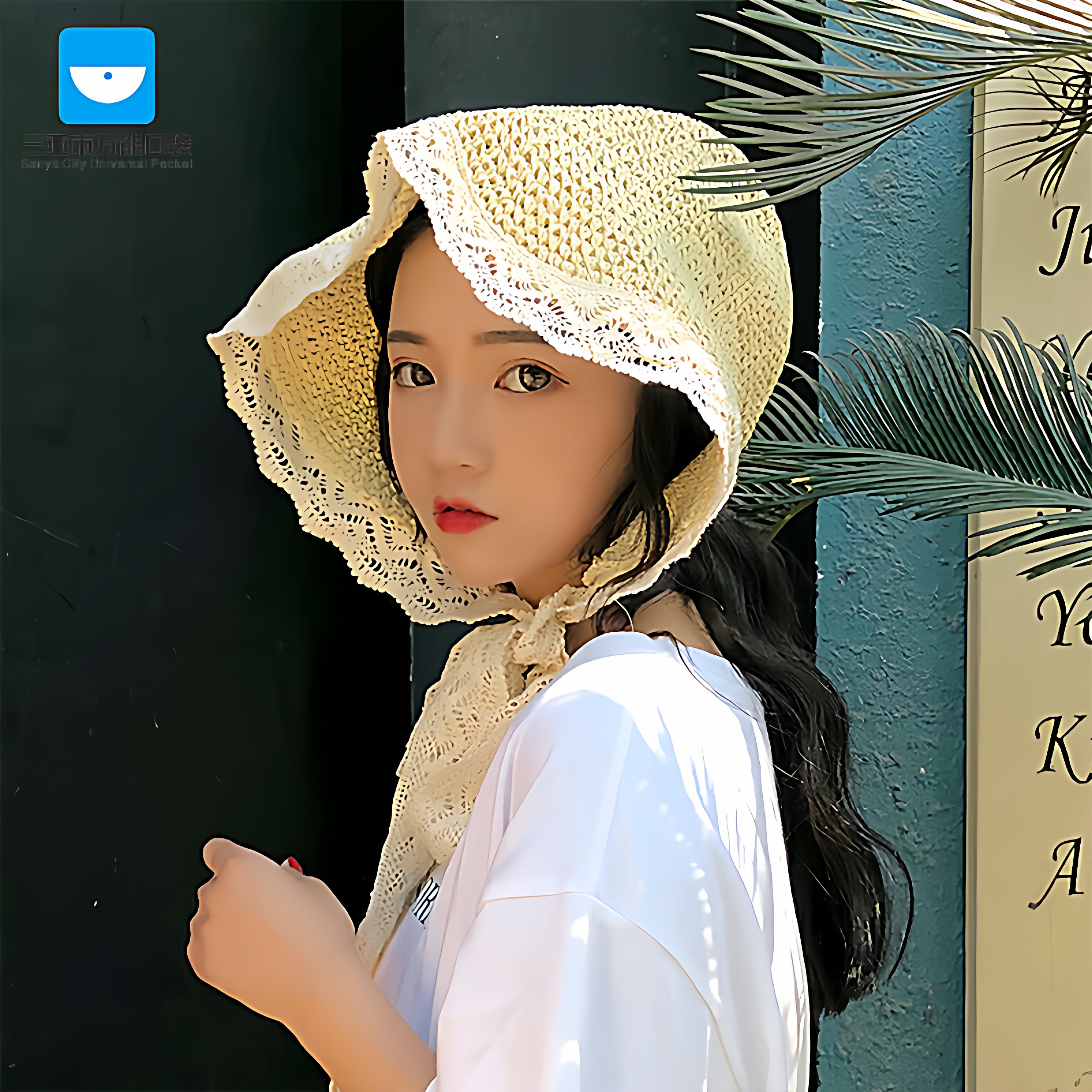 三亚-帽子女韩版潮草帽蕾丝绑带小清新可折叠太阳帽防晒遮阳出游