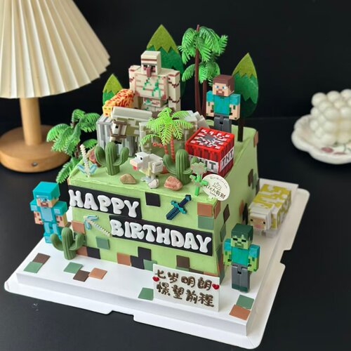 我的世界主题生日蛋糕装饰摆件卡通积木人偶男孩生日甜品烘焙插件