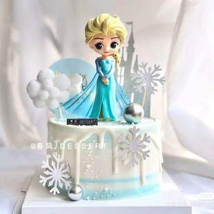 大号公主蛋糕装饰摆件蓝裙公主Q版女王玩偶雪花城堡烘焙插件插牌