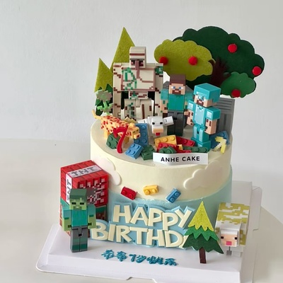 我的世界积木模型蛋糕装饰机器人儿童男孩生日烘焙装扮卡通配件