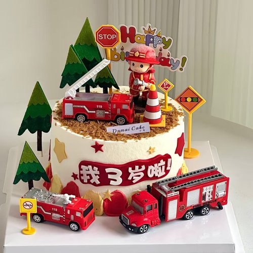 消防车消防员蛋糕装饰摆件儿童仿真工程小汽车合金车男孩车子玩具
