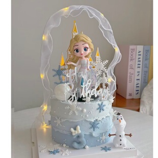 爱莎公主蛋糕装 扮插件 饰白裙女王雪花城堡带灯飘带女生生日烘焙装